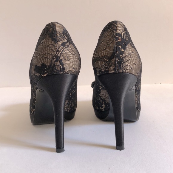 Stuart Weitzman Satin & Lace Peep Toe Pumps - Picture 7 of 9